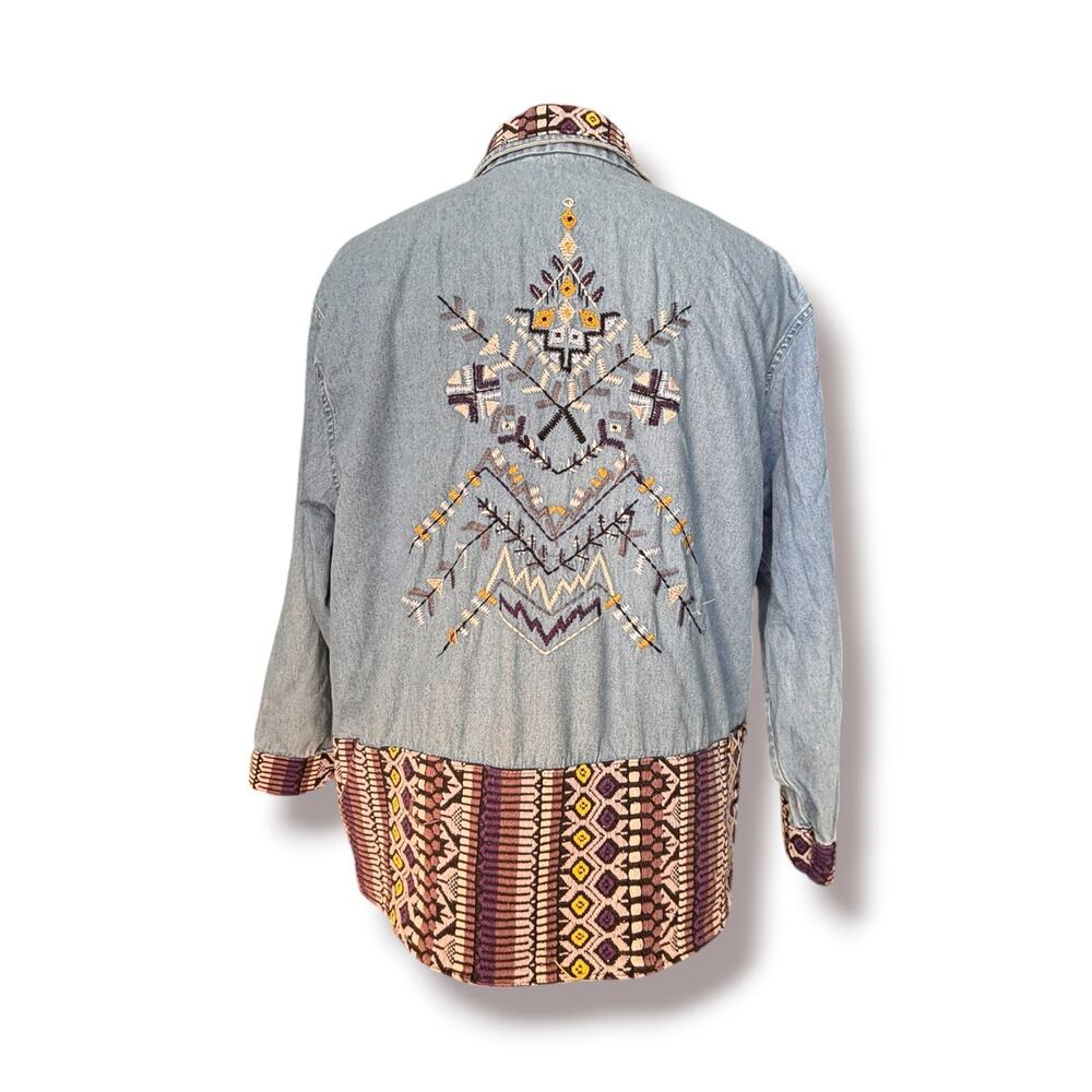 Vintage Embroidered Denim Shirt Jacket Southwestern Boho Artsy Cotton Plus 1X